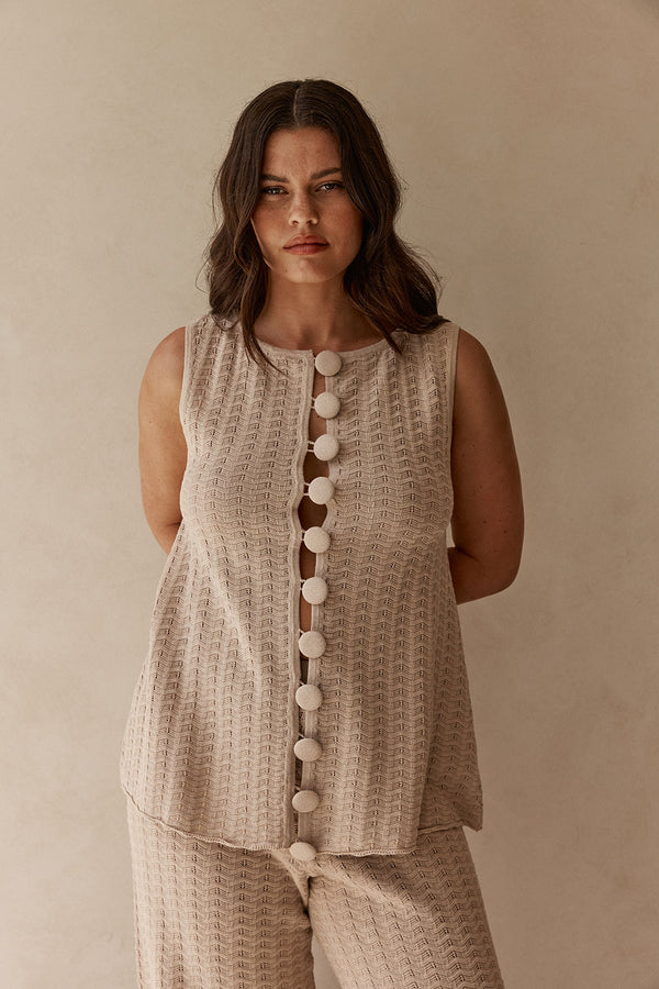 Beige Cotton Knit Button Up Lilah Top