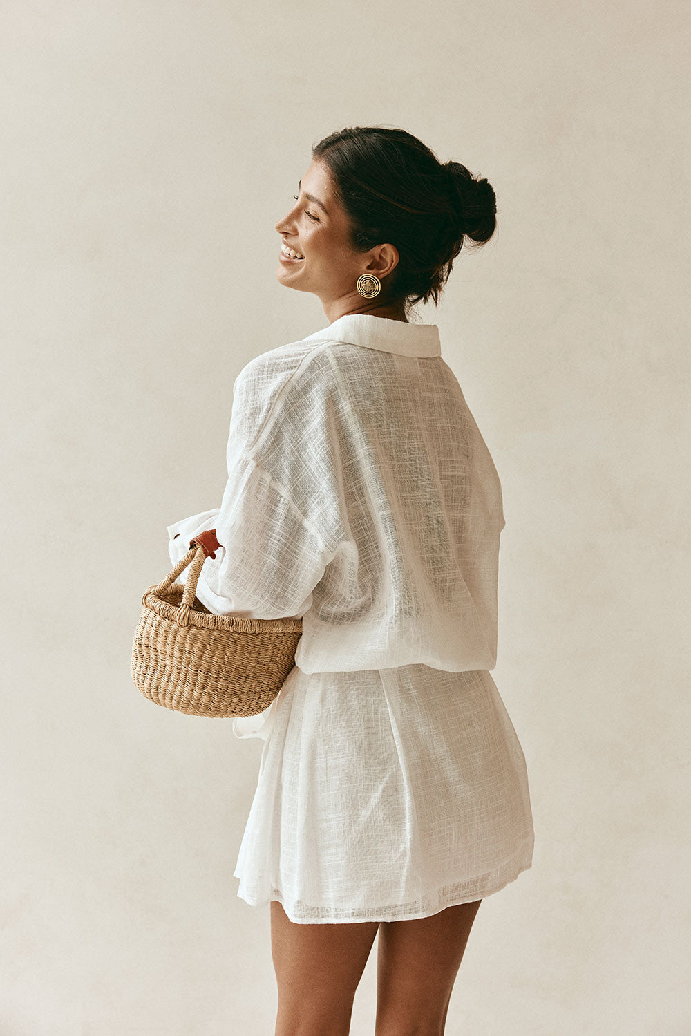 White Long Sleeve Button Collar Orazio Dress