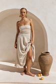 Beige Woven Strapless Pleated A Line Maxi Karalina Dress