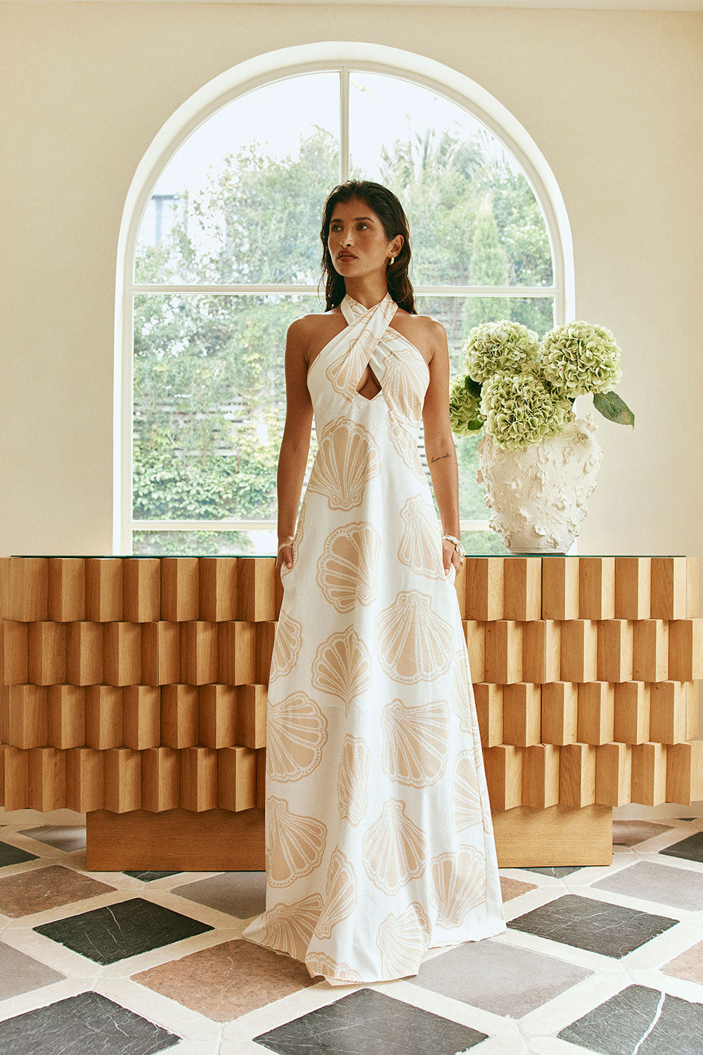 Cream Coastal Shell Cut Out Halter Maxi Aiko Dress