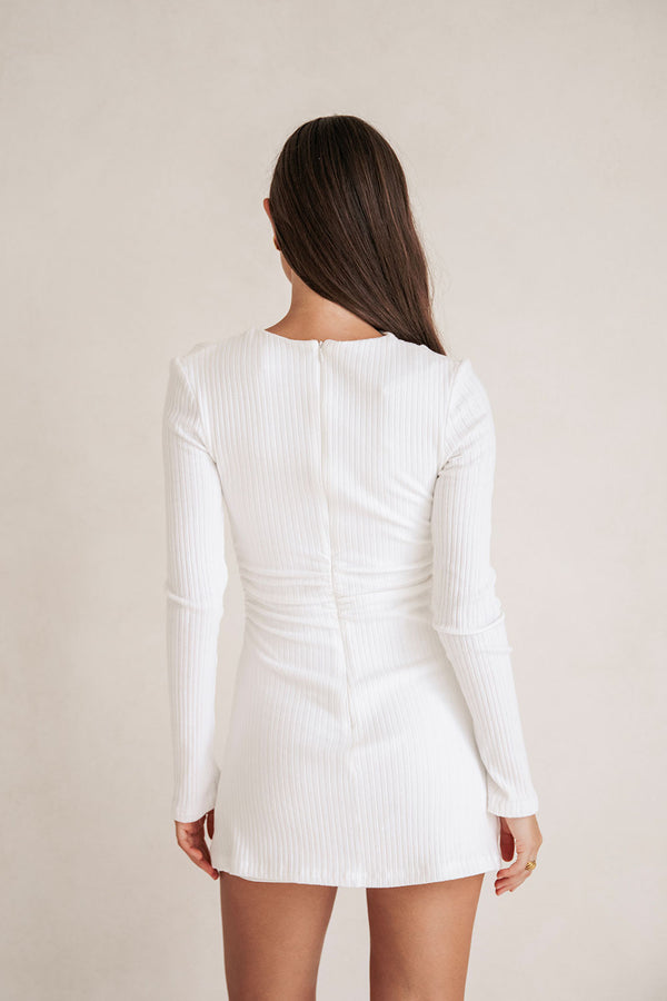 White Ribbed Long Sleeve A Line Mini Aster Dress