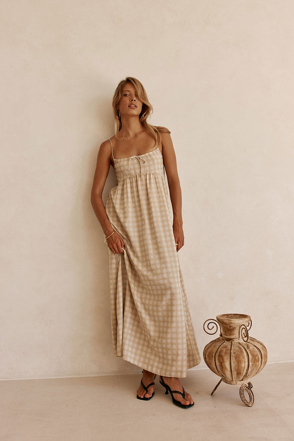 Khaki Gingham Strappy Maxi Lissa Dress