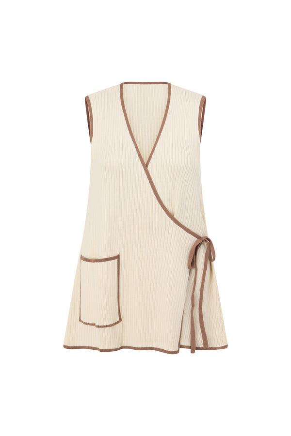 Cream Ribbed V Neck Wrap Longline Jaxon Top