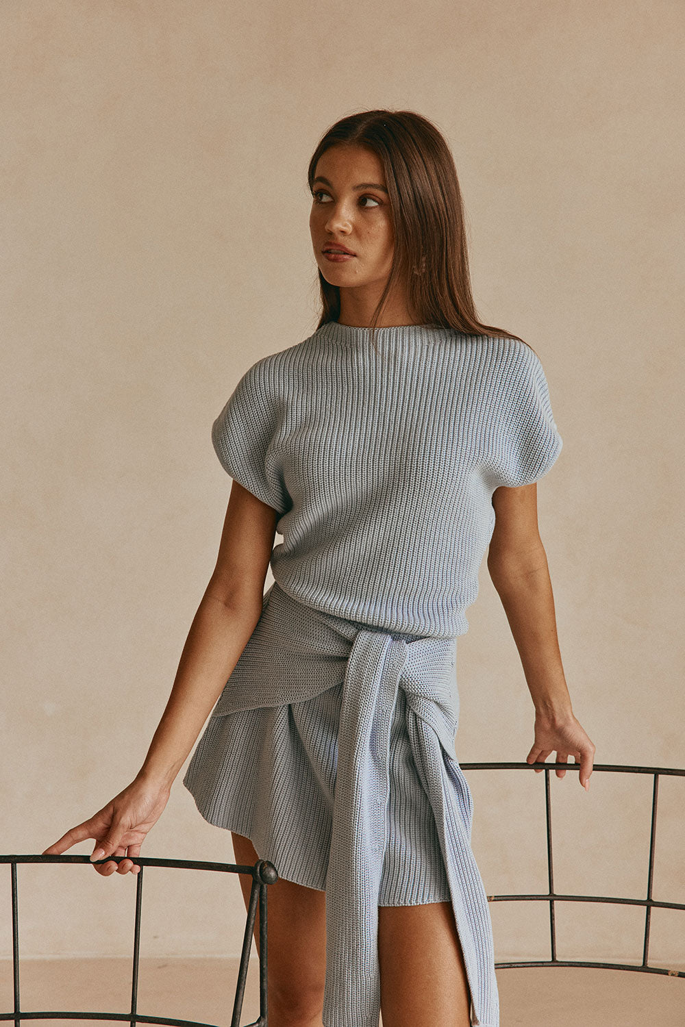 Blue Cotton Knit Draped Mini Lovina Dress