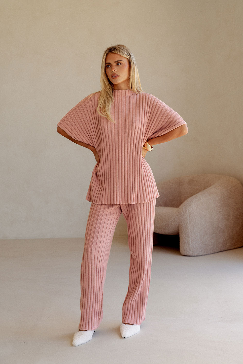 Blush Pink Ribbed Knit High Waist Celine Pants