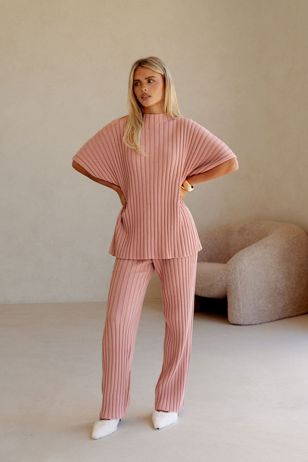 Blush Pink Ribbed Knit High Waist Celine Pants
