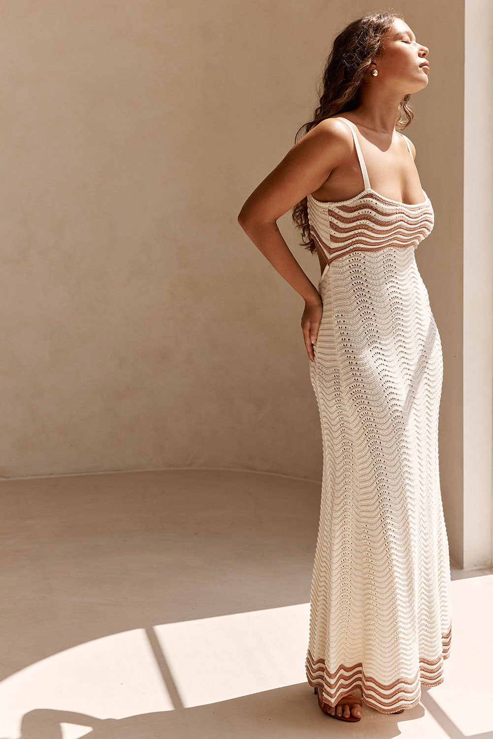 Cream Wavy Cotton Knit Maxi Cielo Dress