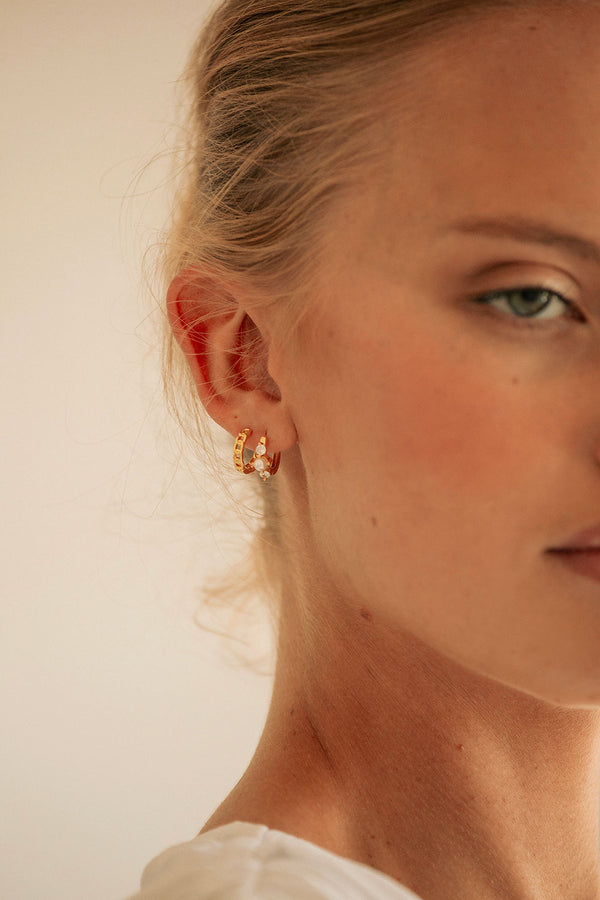 Gold Toned Pearl Gem Huggie Lira Earrings
