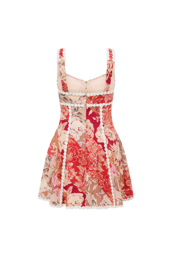 Red Floral Solafleur Lace Up Mini Camille Dress