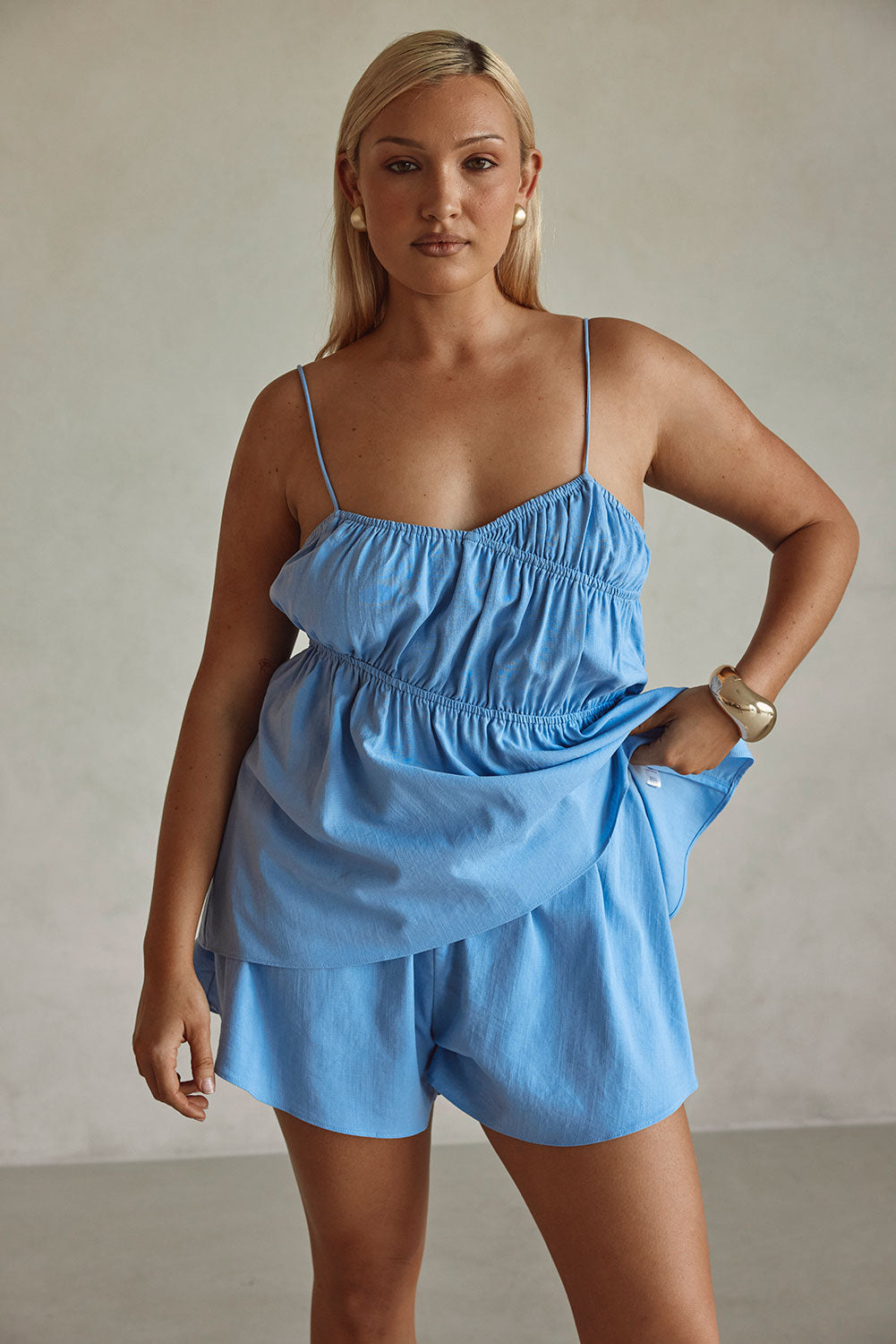 Blue High Waist Elastic Drawstring Octavia Shorts