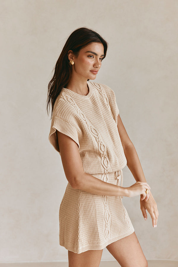Tan Knit Short Sleeve Mini Saphira Dress