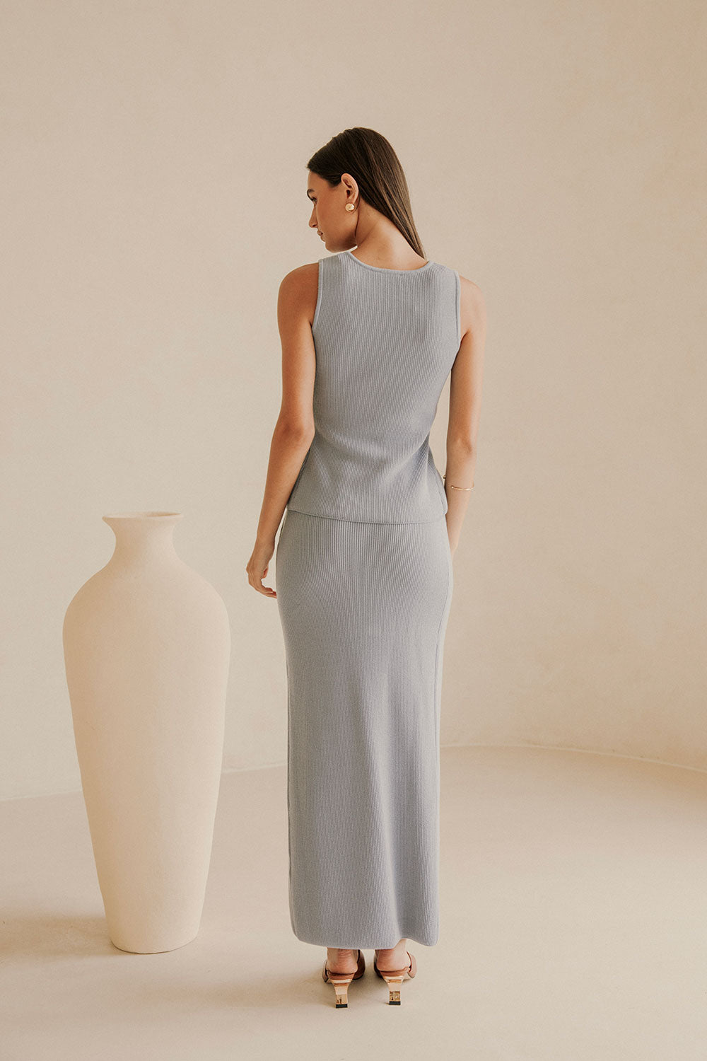 Blue Knit Asymmetric Split Bridget Top