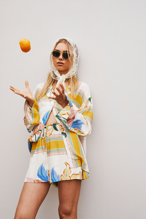 White and Yellow Botanique Button-Up Keziah Top