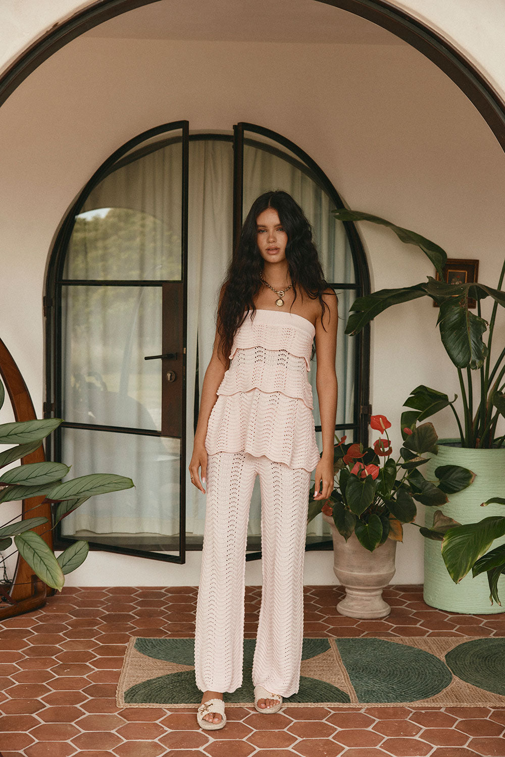 Blush Pink Crochet Knit Strapless Panel Kama Top