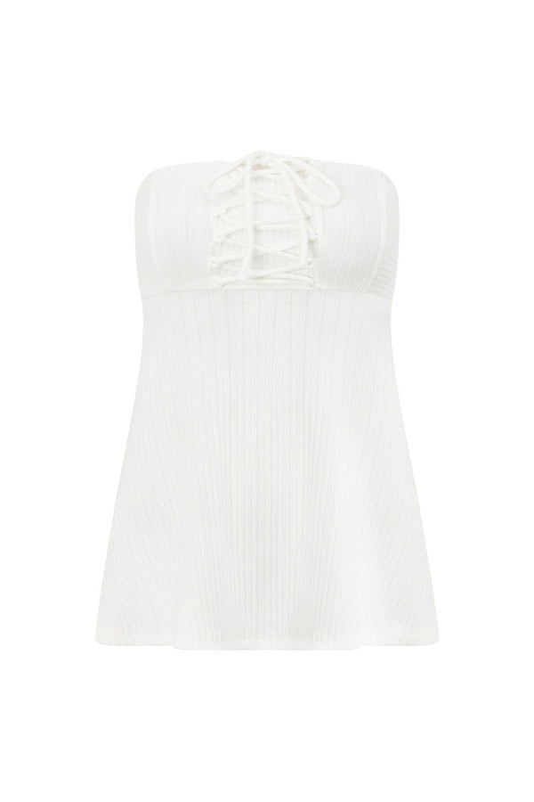 White Ribbed Strapless Flared Catania Top