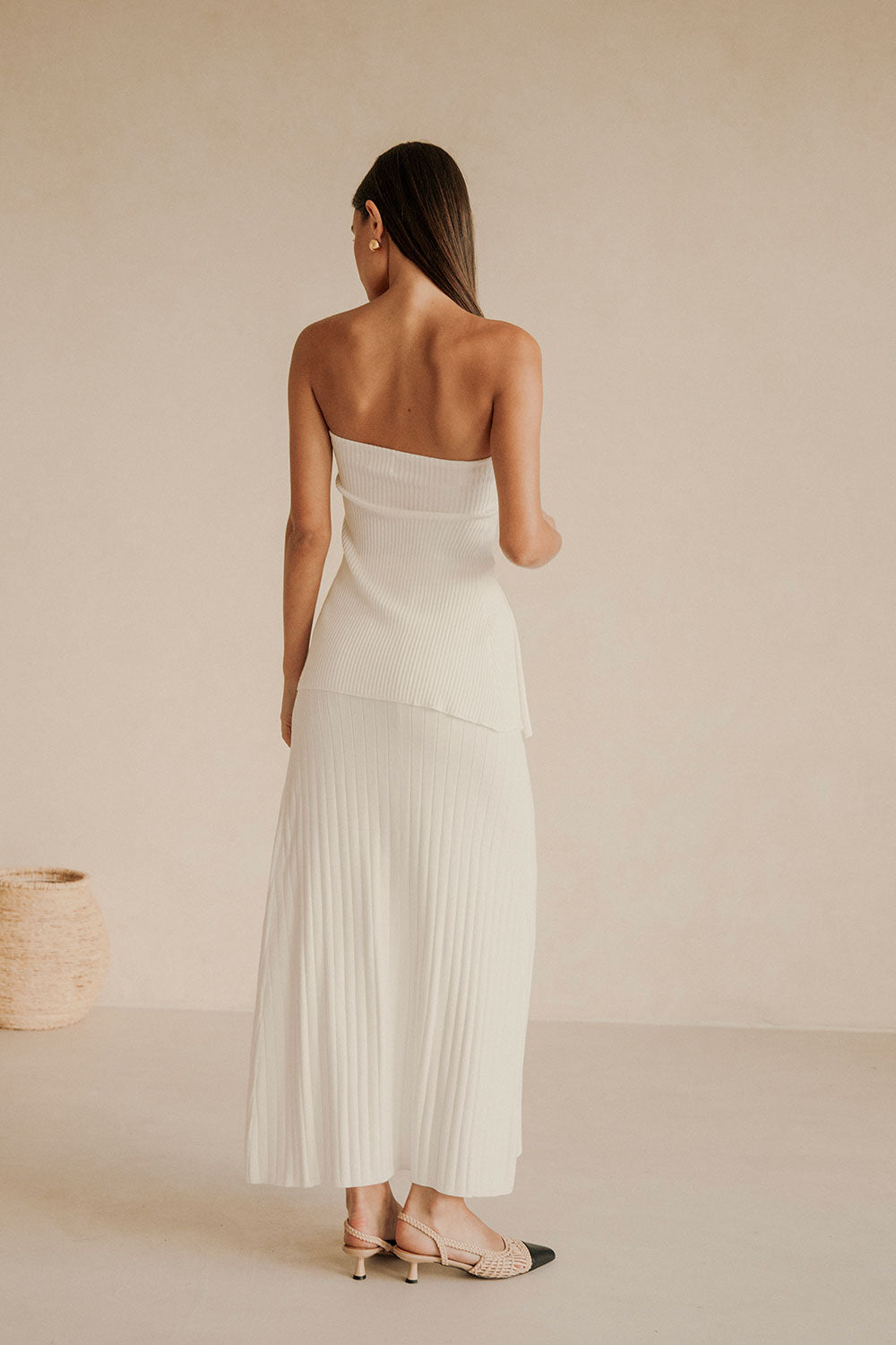White Ribbed Split Maxi Saria Skirt