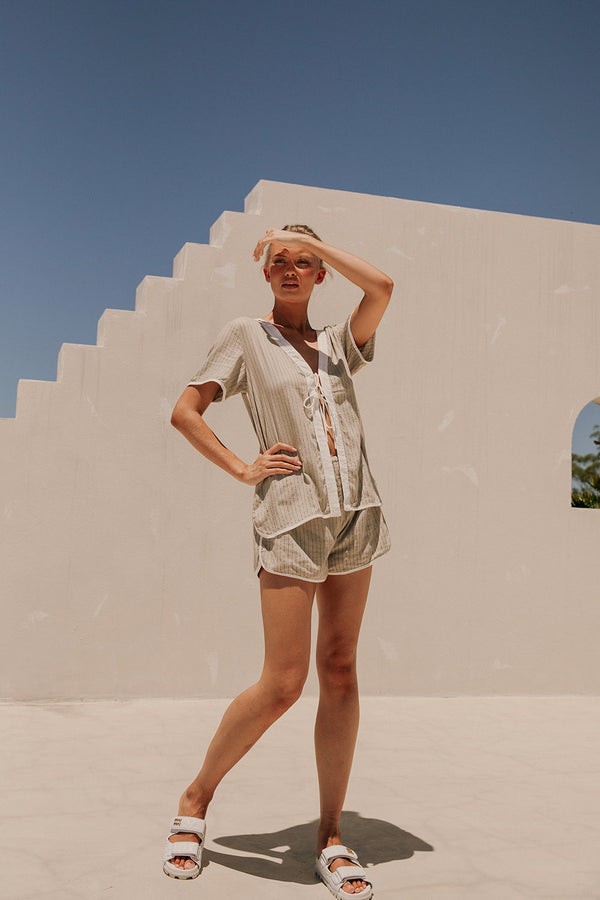 Beige Short Sleeve V Neck Tie Sadia Playsuit