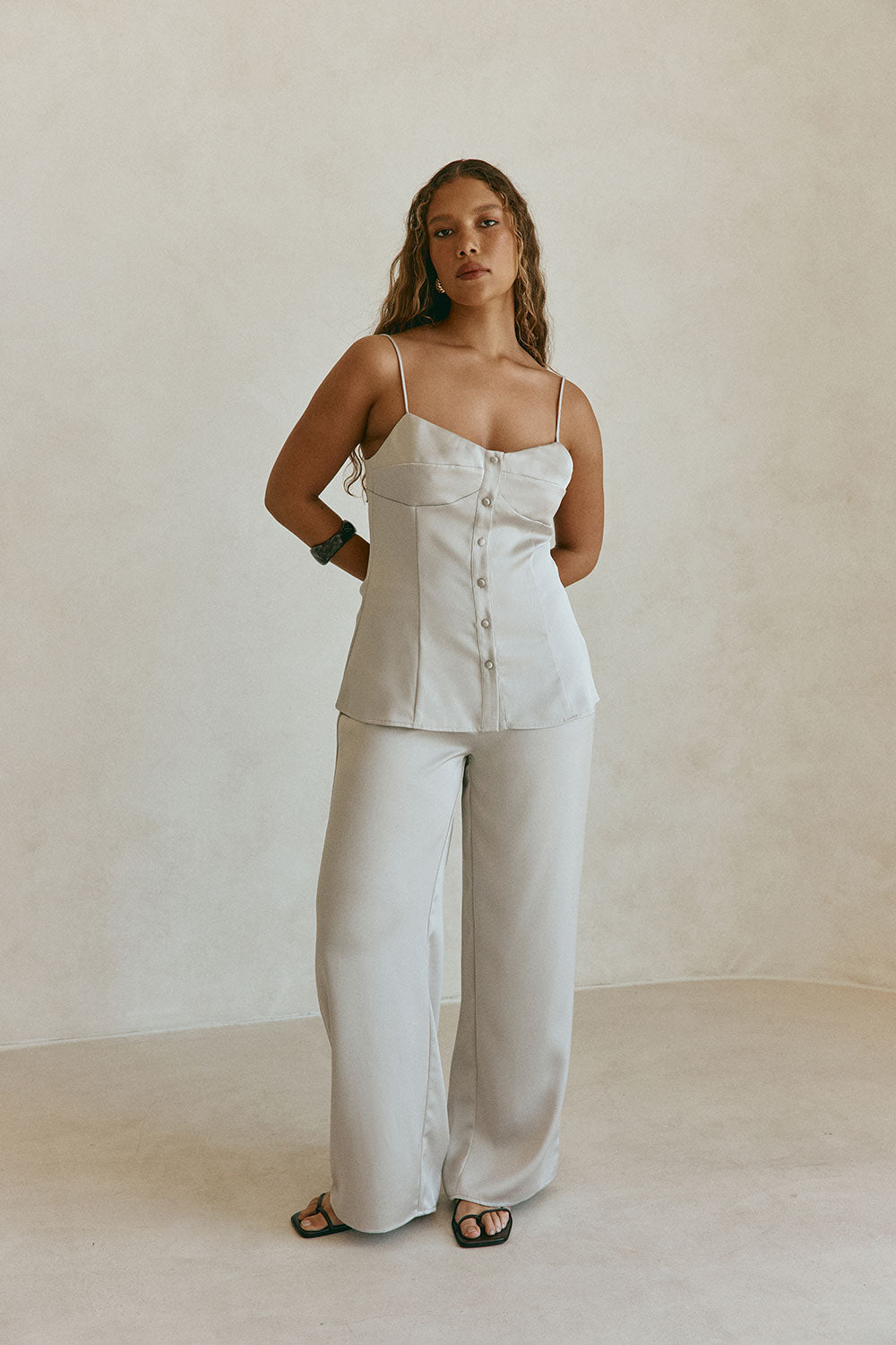 Grey Silky Button Up Strappy Lyla Top
