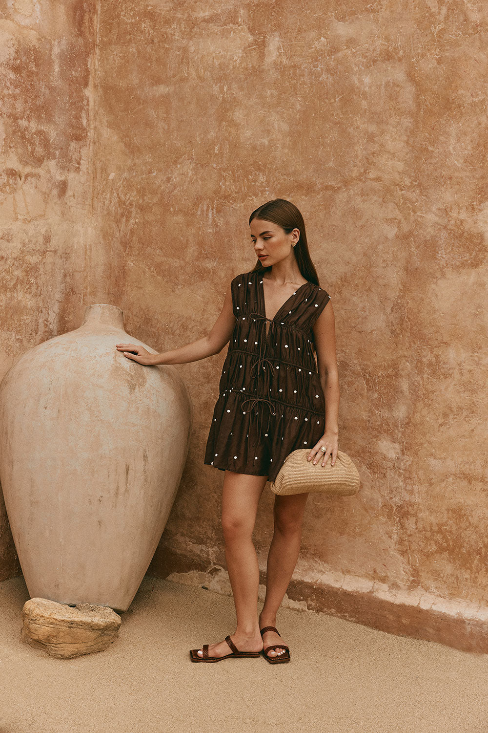 Chocolate Speck Polka Dot Gathered Mini Joslin Dress