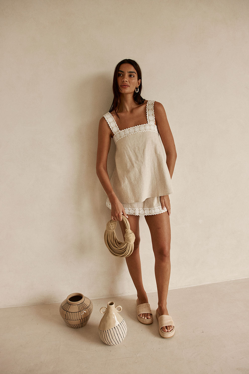 Beige Vintage Lace Detail Mini A-Line Lottie Dress