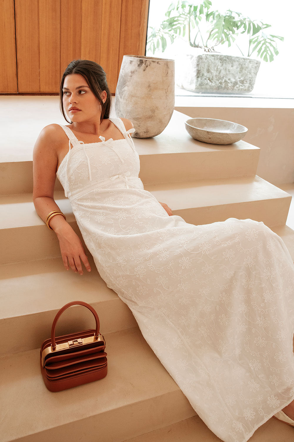 White Embroidered Wide Strap Maxi Evi Dress