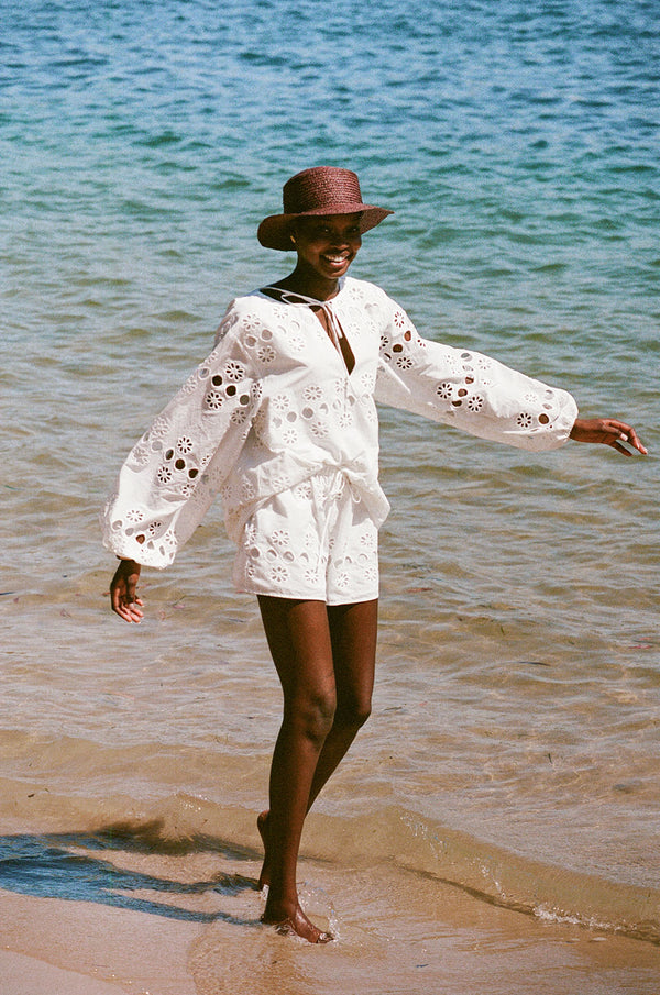 White Embroidered Drawstring Paras Shorts