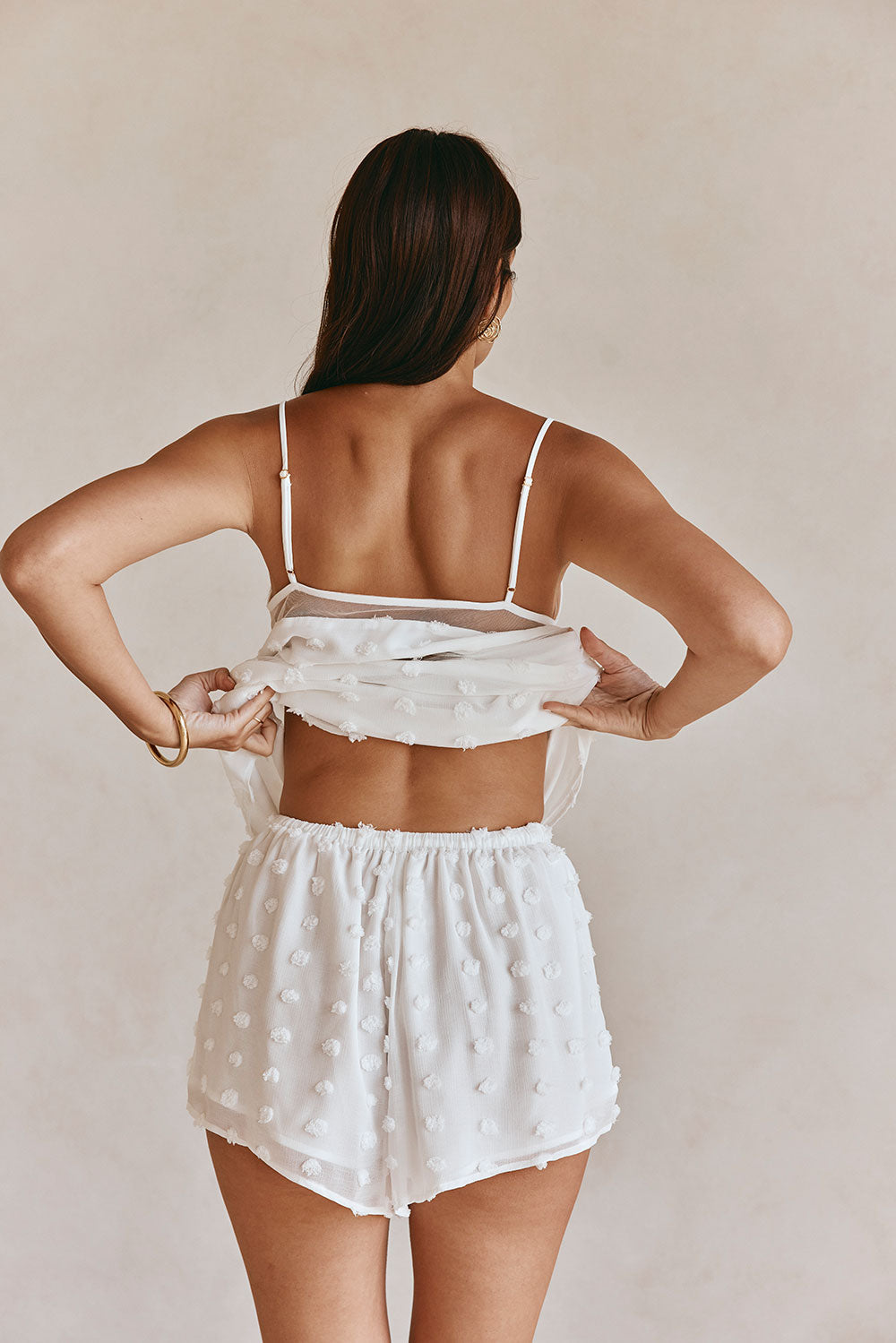 White Textured Spots Drawstring Jacerra Shorts