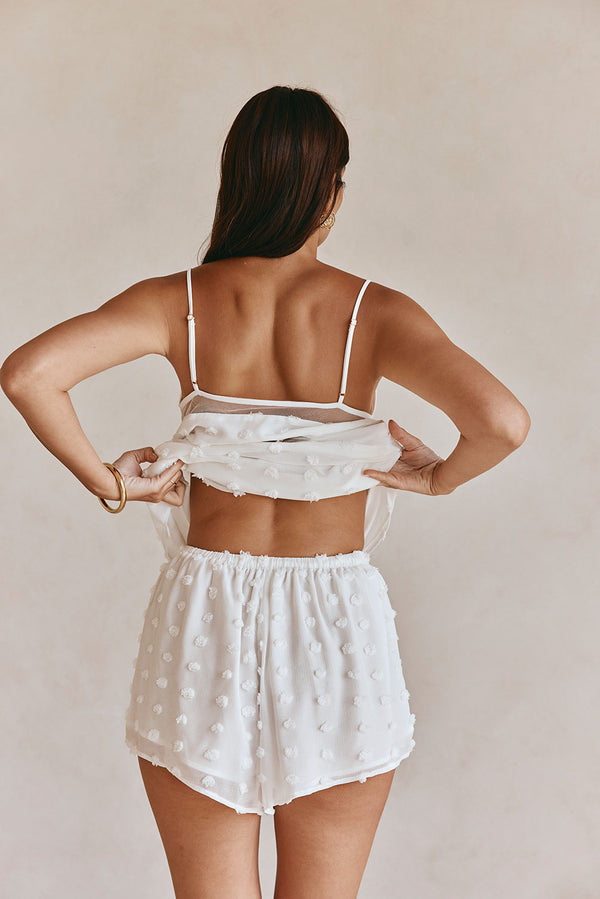 White Textured Spots Drawstring Jacerra Shorts