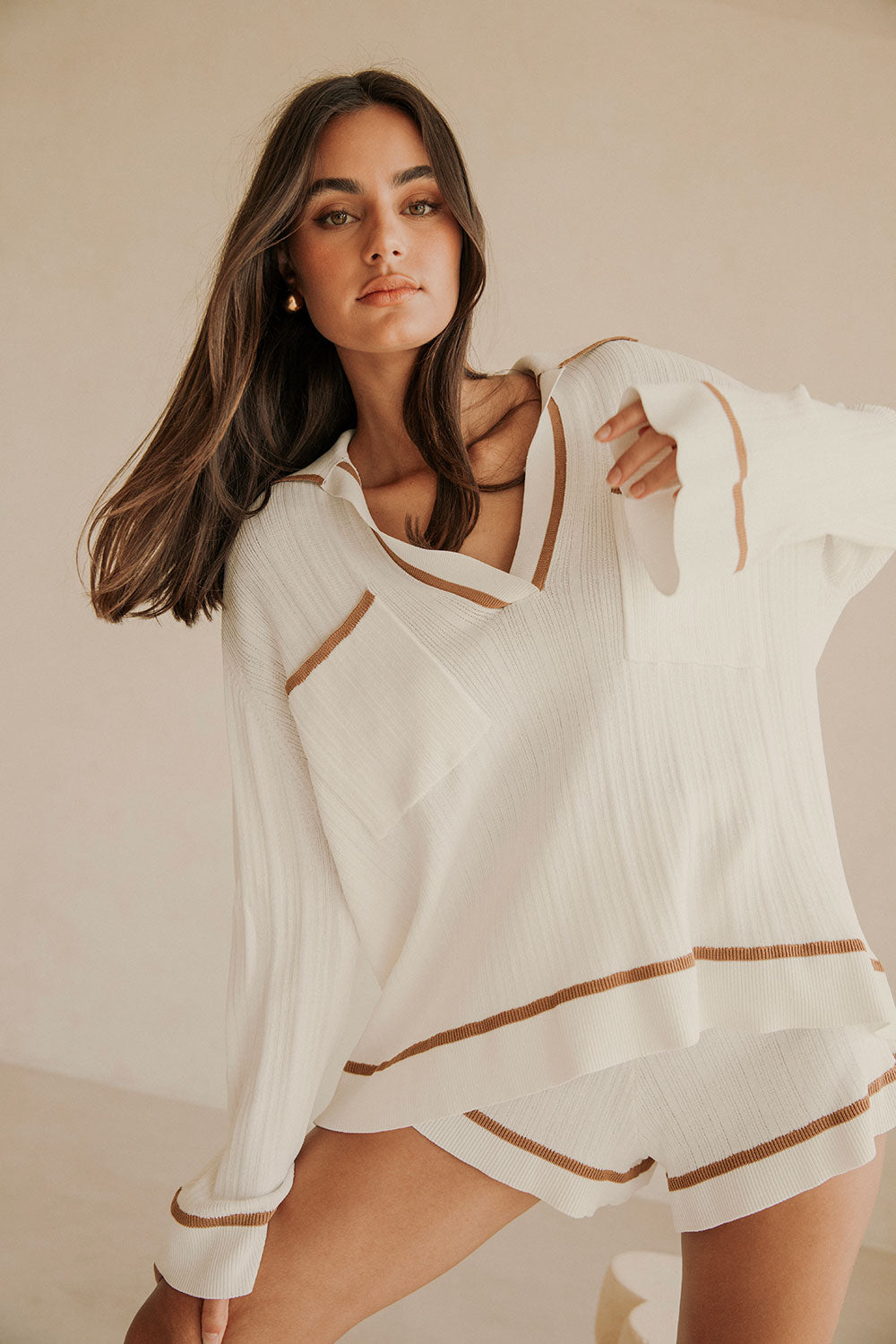 White Long Sleeve V Neck Collar Pocket Adair top
