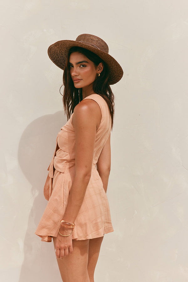 Salmon V Neck Cut Out Front Tie Mini Bailee Dress