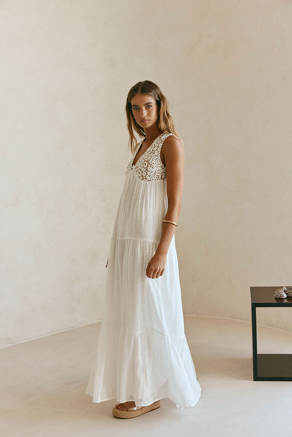 Bridal White Lace Pocket Maxi Amia Dress