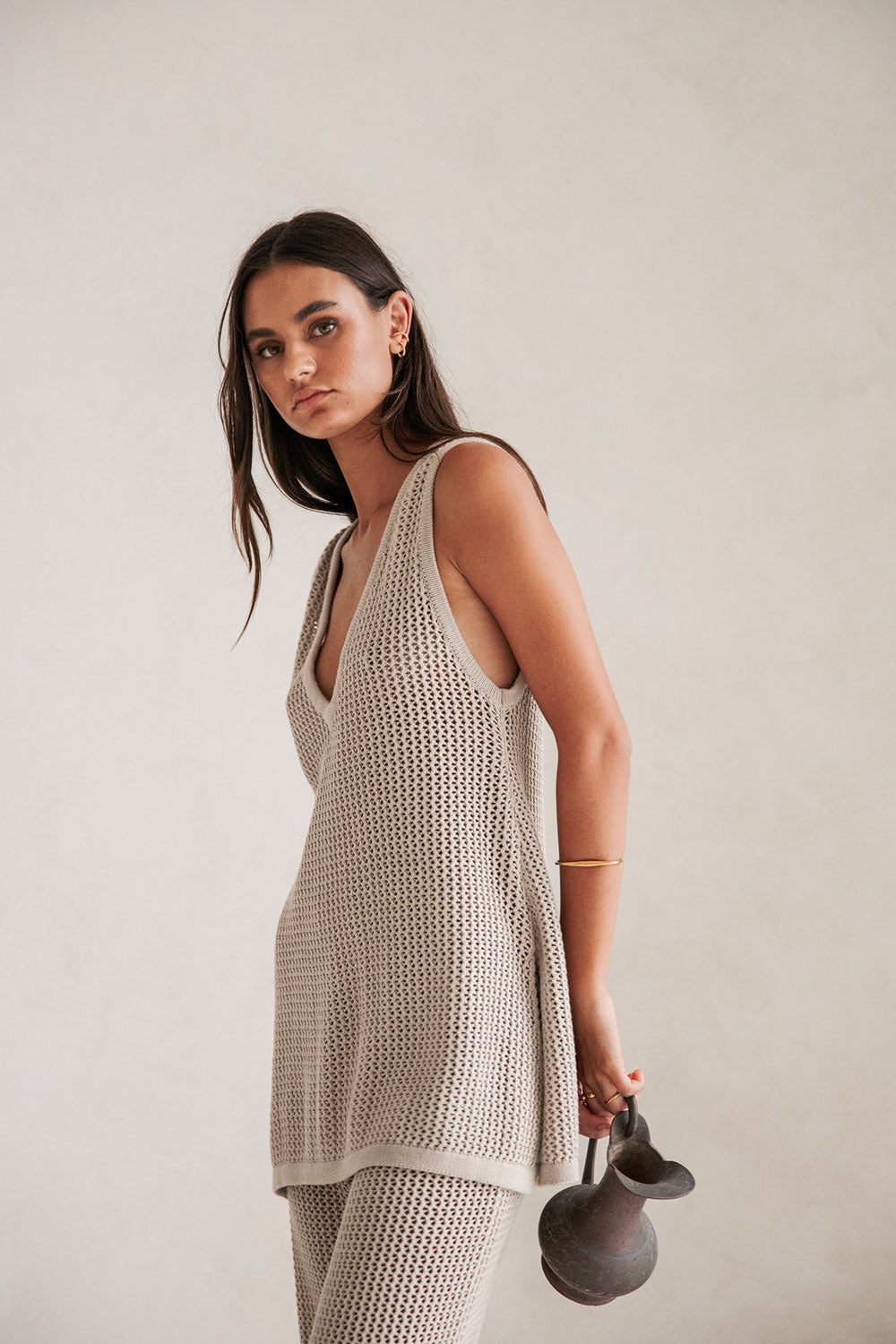 Beige Knit V Neck Ailish Top