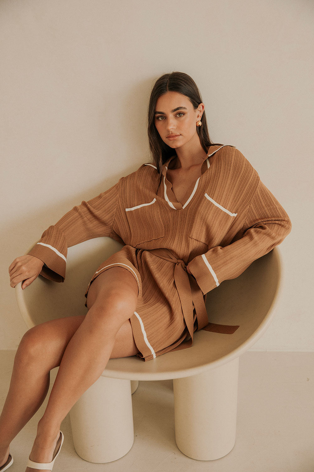 Brown V Neck Long Sleeve Pocket Mini Beau Dress