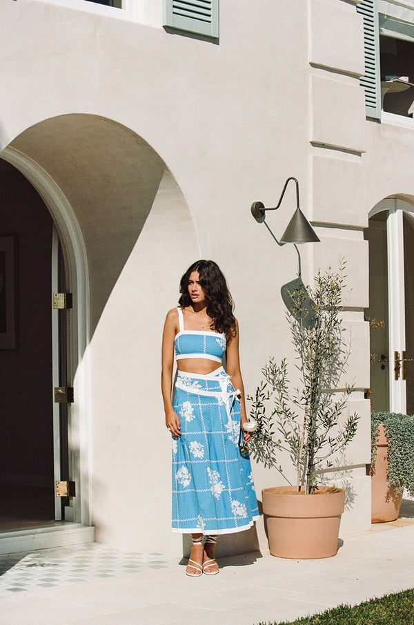 Blue and White Check Flower Estelle Crop Top