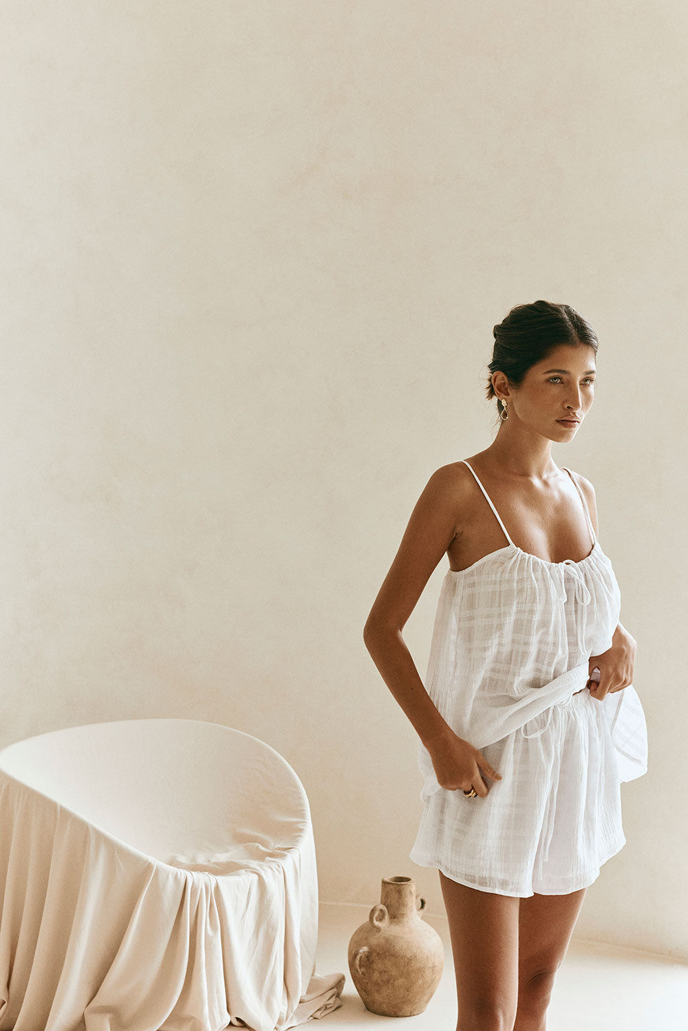 White Plaid Elastic Drawstring Jetta Shorts