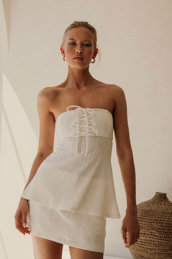 White Ribbed Strapless Flared Catania Top