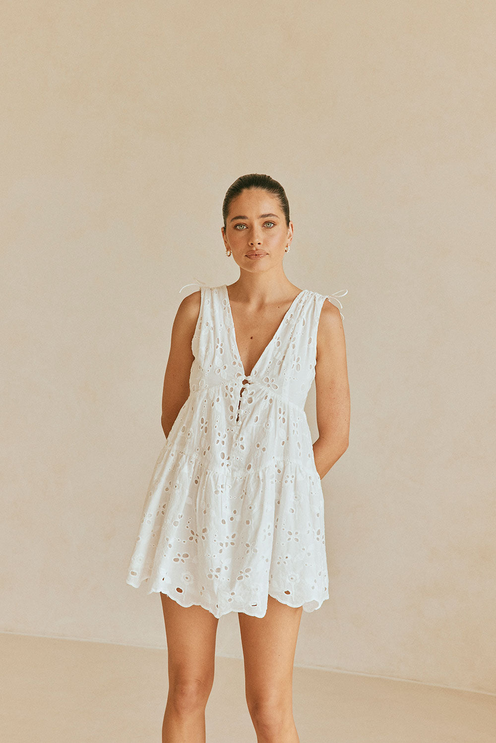 White Button V Neck Mini Kai Dress