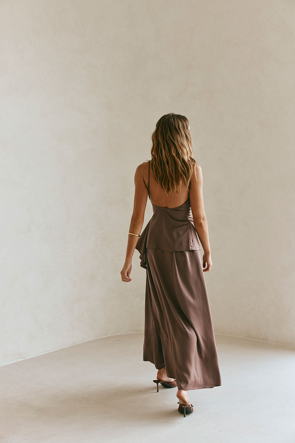 Chocolate Brown Asymmetric Ruched Backless Hailey Top