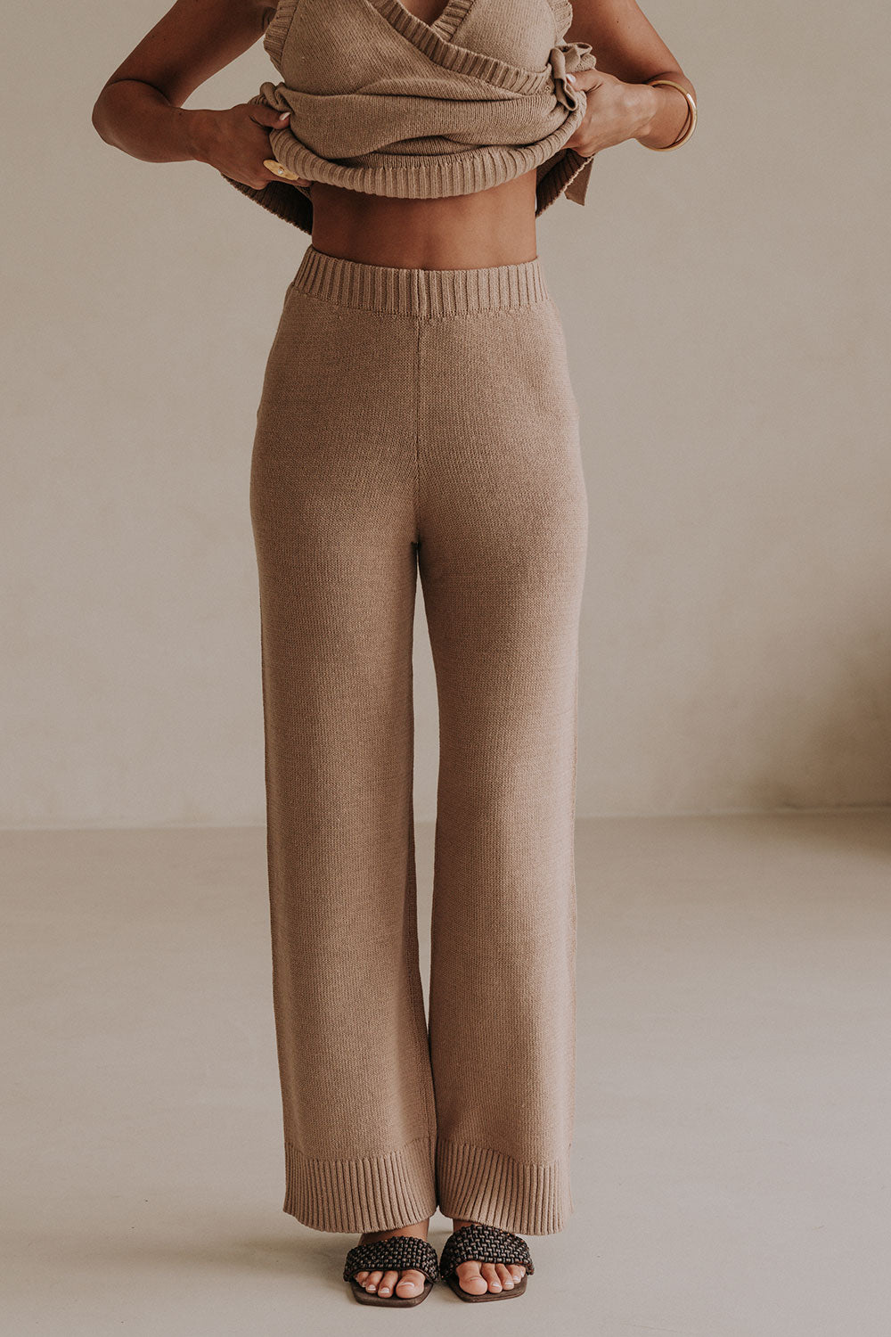 Brown Knit High Waist Elastic Della Pants