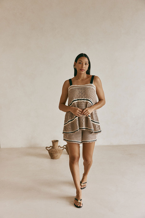 Brown Crochet Knit Cami Eleza Top