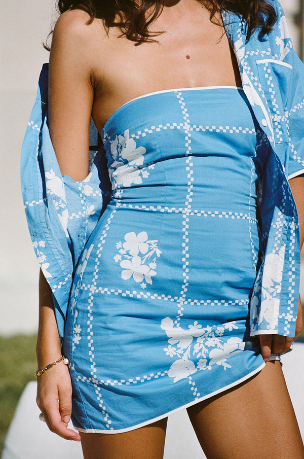 Amira Strapless Mini Dress - Postcard, Blue & White Check Flowers Print