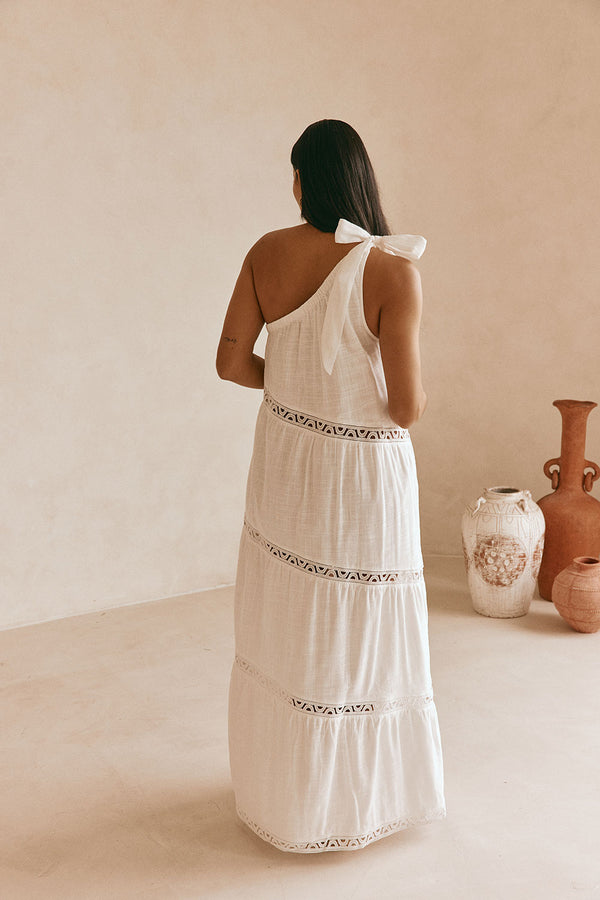 White Cotton One Shoulder Flouncy Maxi Juliette Dress