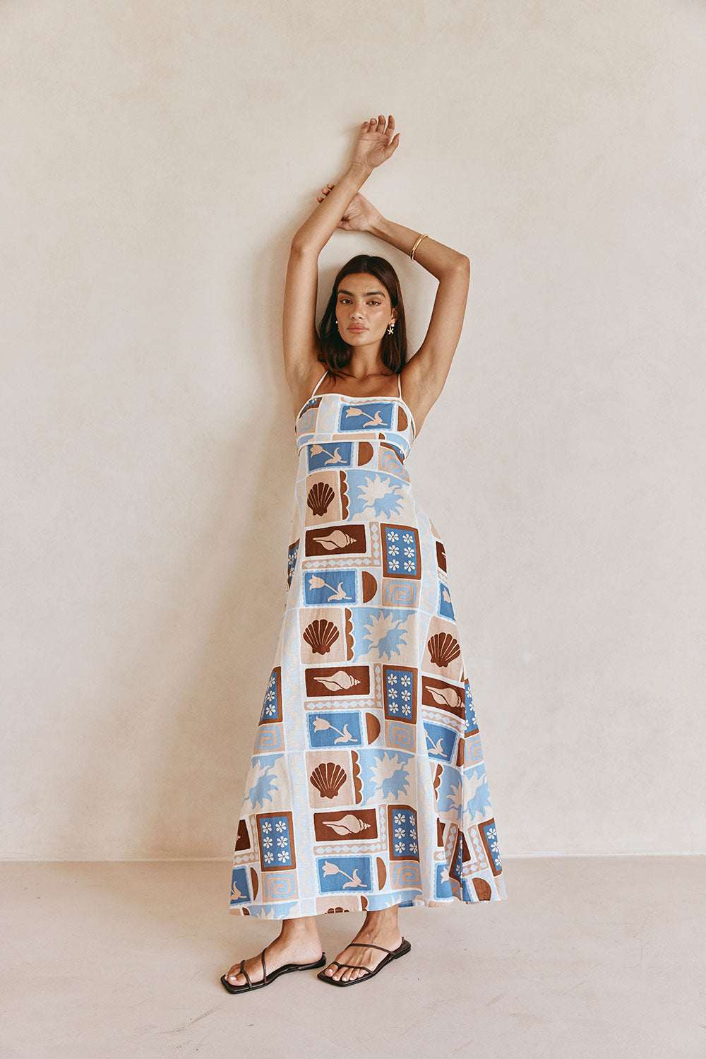 Blue Solis Print Strappy A-Line Maxi Giorgia Dress