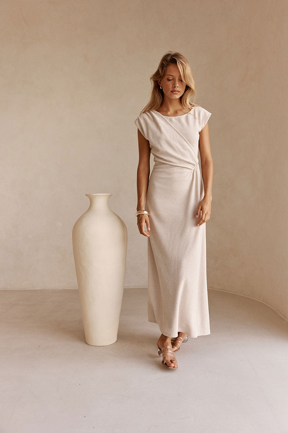 Beige Off Shoulder Ruched Maxi Juno Dress – SABO
