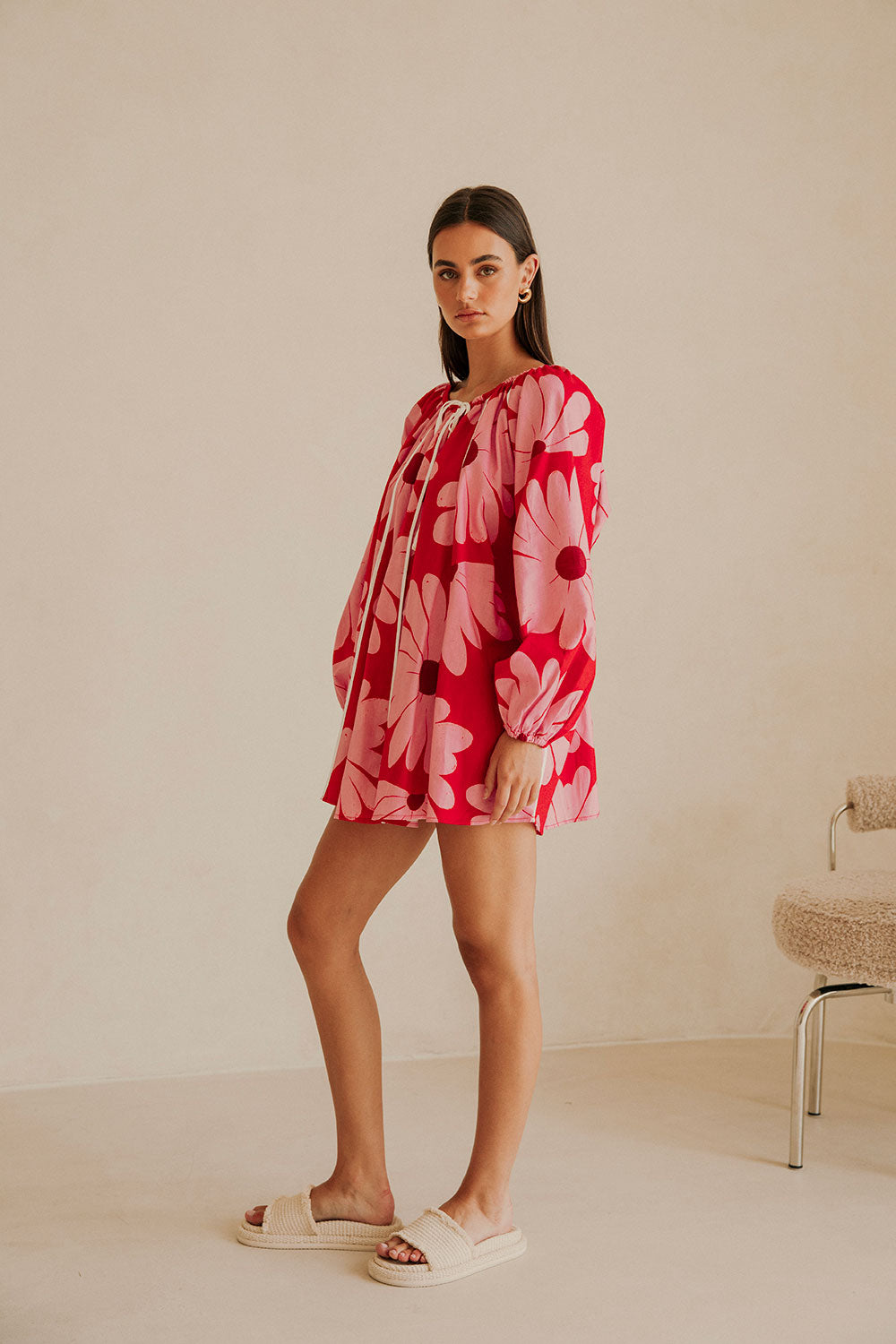 Veronica Flounce Long Sleeve Mini Dress - Pink White Daisy Red Print