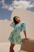 Tenaya Puff Sleeve Button Up Mini Dress - Magnolia Print, Blue, Green, White