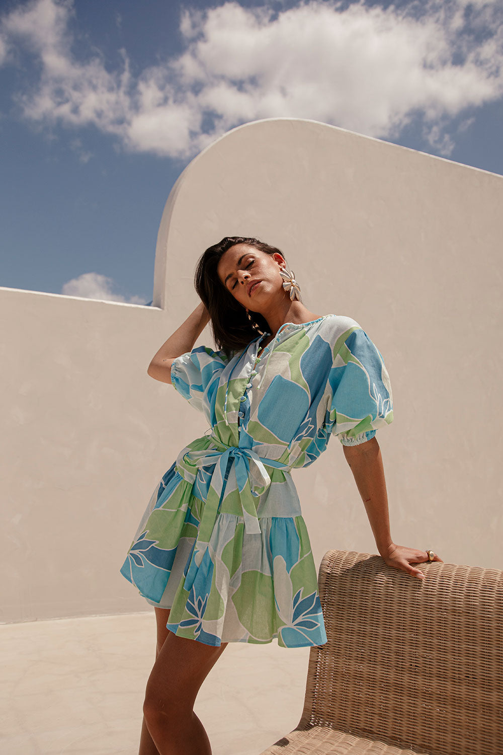 Tenaya Puff Sleeve Button Up Mini Dress - Magnolia Print, Blue, Green, White