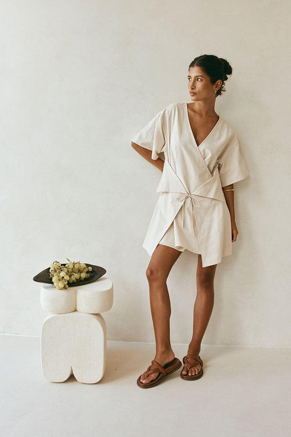 Beige Short Sleeve Wrap Mini Harper Dress