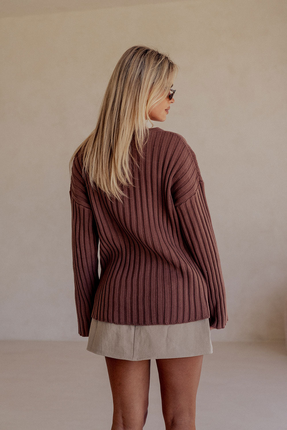 Chocolate Brown Ribbed Knit Jali Top