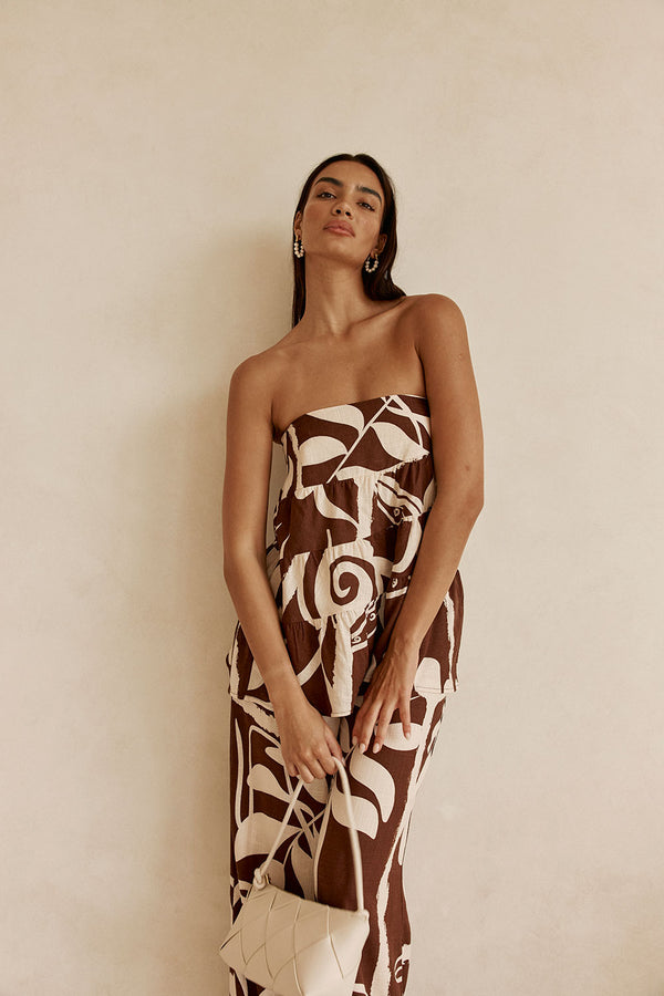 Brown and Cream Painted Tiles Strapless Presley Top
